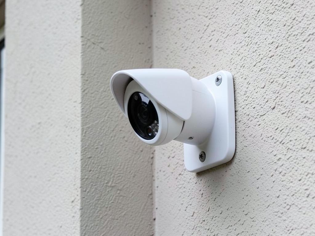 Câmera de segurança branca instalada na parede externa de um imóvel