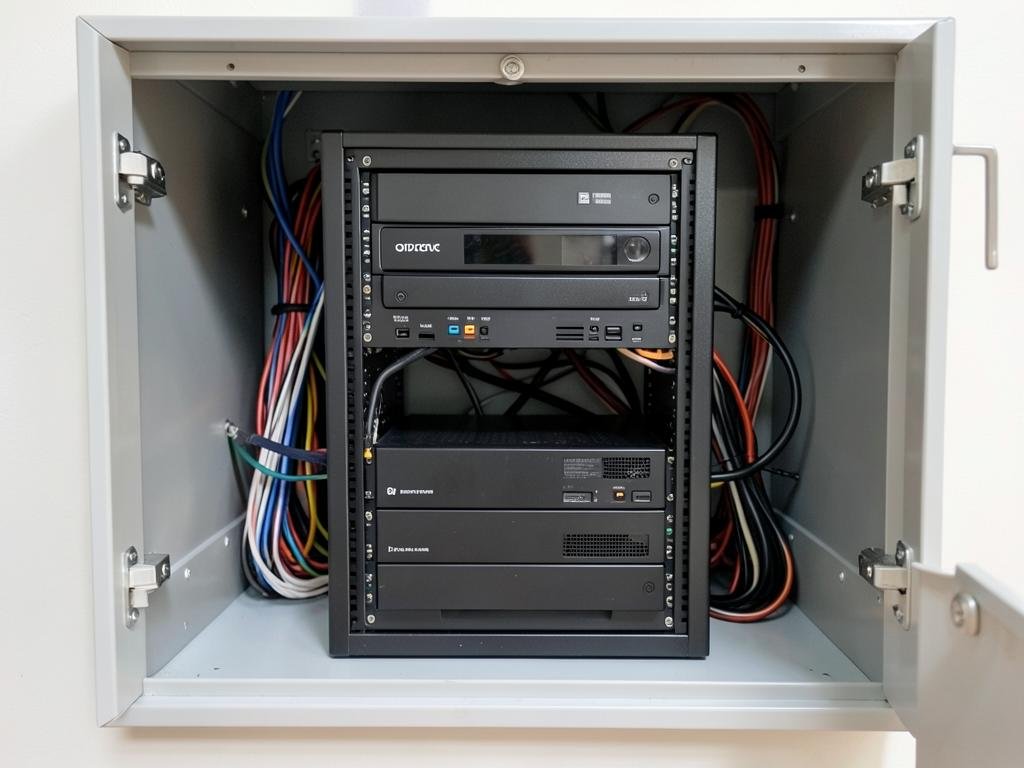 Gravador de CFTV e cabos organizados dentro de um quadro de instalação